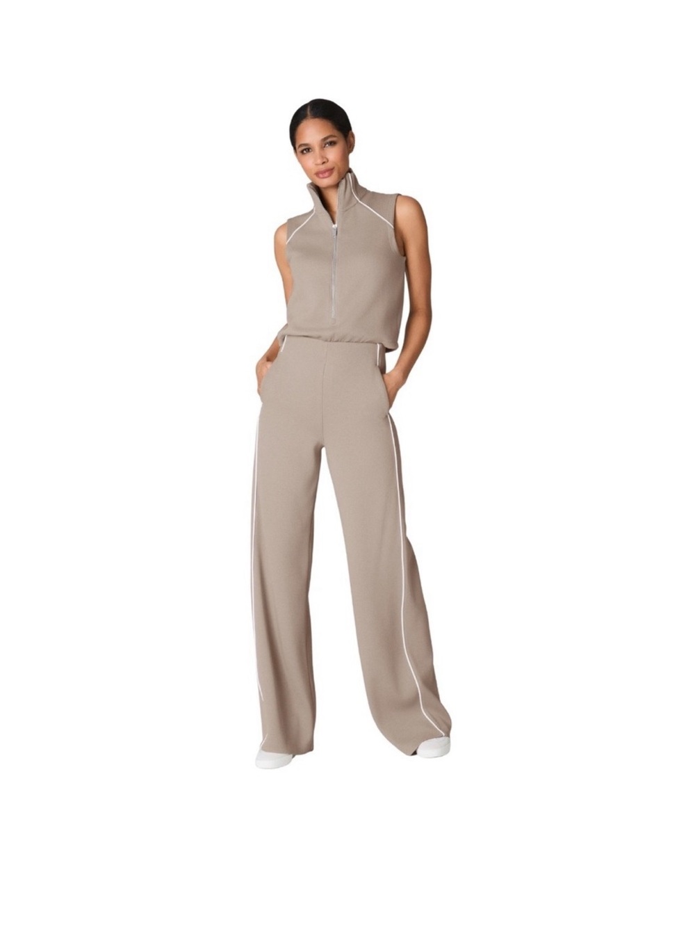 SPANX Sleeveless Zip-Front Wide-Leg Jumpsuit in Taupe